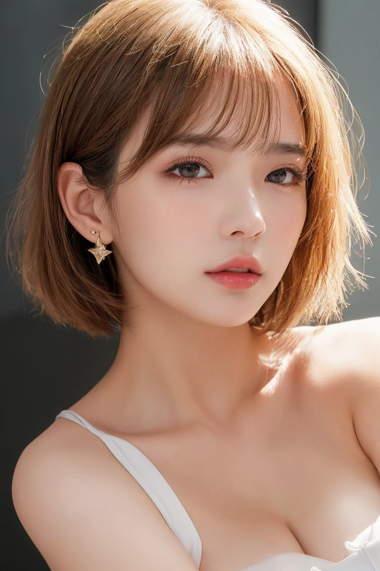 (Photorealistic, 32k, RAW photo, best quality:1.4), (masterpiece:1.3), (ultra high resolution, ultra realistic, highly detailed, golden ratio, ultra detailed), natural makeup, intricate cloth texture, finely detailed hair texture, beautiful full-body, perfect female form, anatomically accurate, highly detailed face and skin, (elegant hands), (realistic skin), (beautiful pale skin:1.1), (extreme close-up:2.0), (Oversized Breasts, generous cleavage), (Wearing bra and panties:1.5), 
BREAK,
realistic eyes, captivating detailed eyes, symmetric eyes, light brown eyes, double eyelids, thin eyebrows, (glossy lips:1.4), (kissable expression, blush:1.3), 
BREAK,
((short bob cut, dark brown hair, bangs:1.2)), (Late Night, bedroom:1.3)