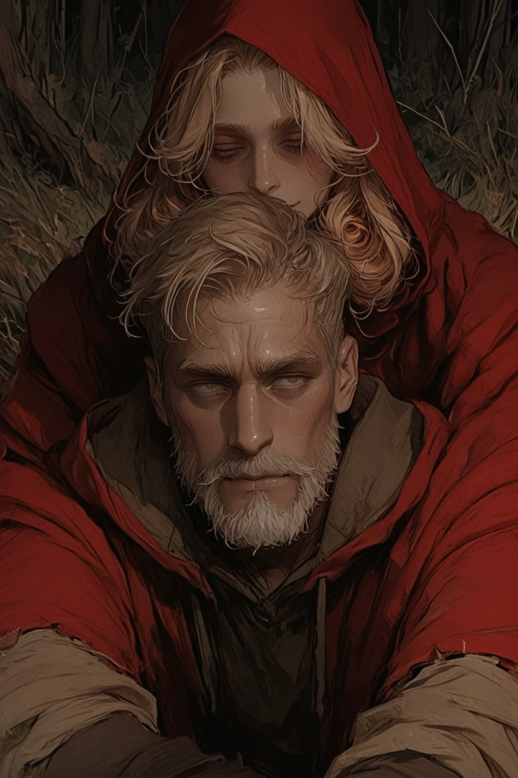 viking boy kneeling in the snow, blood stained, while crying in profile comic version