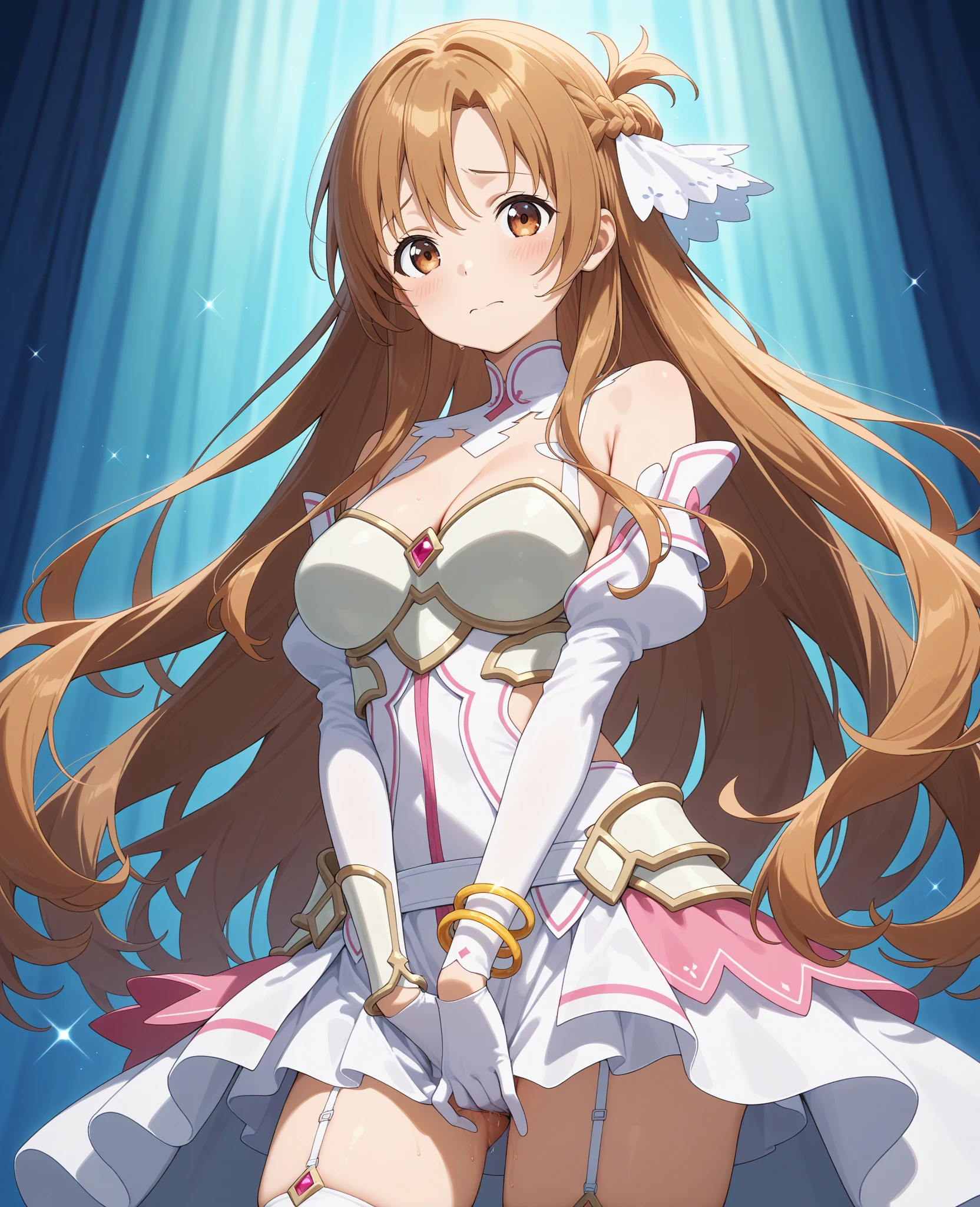 masterpiece, best quality, highres, 1girl, solo, tokino sora, long hair, blue eyes, brown hair, light smile, large breasts, concert, stage,arms behind back,(upper body:1.2),(focus on face:1.2), <lora:HololiveTokinoSora_hololiveSoraV10:0.7>