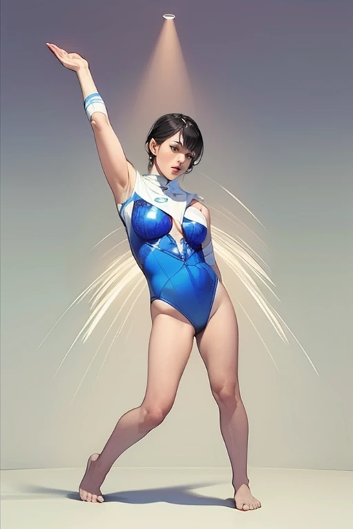 8K quality, anatomically correct, ((ultra detailed, best quality, best quality, detailed watercolor, watercolor splash, amazing background, colorful background, amazing art, very colorful tones, best quality, official art, stylish design)), ((most beautiful woman ever, glowing skin, shiny skin)), ((delicate eyes, best eyes ever, beautiful eyes, big eyes))(tied hair, colorful shiny hair, shiny hair, beautiful hair), ((slightly open mouth))(smaller breasts), ((rhythmic gymnastics, fancy leotard: 1.2))), ((standing, backwards, knees to head, shot from below)))