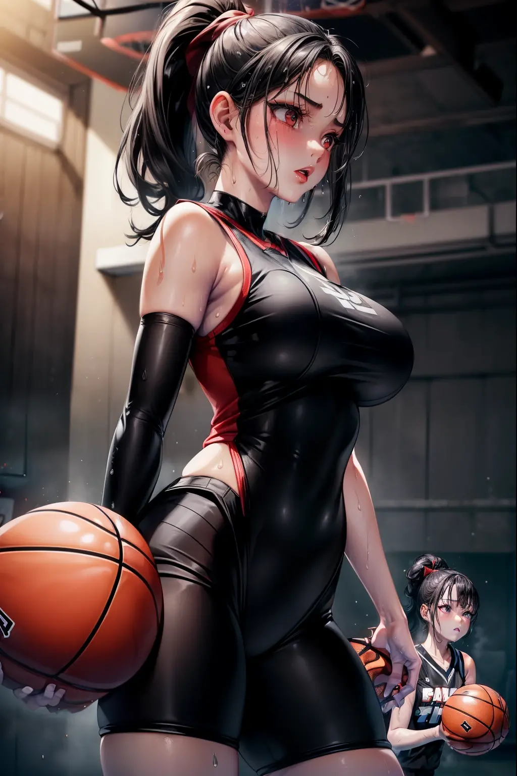 Masterpiece: 1.2, best quality), realistic, (real picture, rich details details, depth of field), (1girl, solo), makeup, cleft lip, high detail, perfect face shape, (big breasts: 1.4), (skindentation), thick thighs, wide buttocks, Thin waist, tall, coral, red lips, red eyes, ponytail, (((((basketball girl, transparent black basketball suit)))), (sweat: 1.2), (wet), sexy, blushing, sweaty