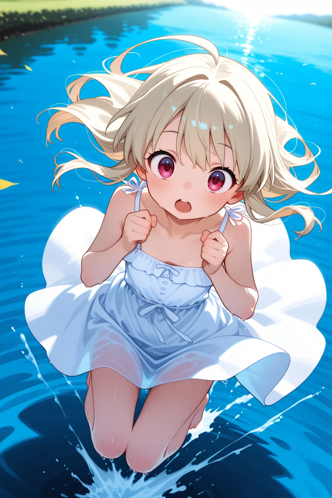 Cute loli，Barefoot，Tummy down，head looking up，Raise your feet，shift dresses，white  panties，largeeyes，Anime cute face，looking at book，Wet da