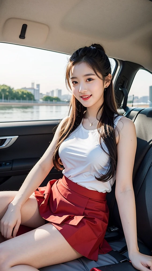 highest quality、One Girl、Cute face、smile、Inside the car、Sit in the passenger seat、camisole、mini skirt、barefoot、Sexy Legs, Best lighting, Bright room, Refreshing atmosphere