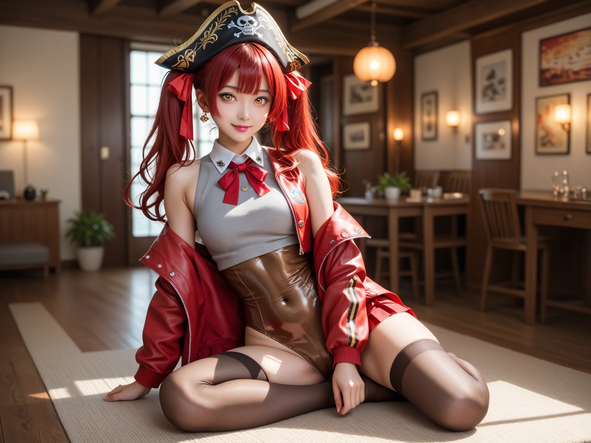 masutepiece, Best Quality, 1girl in, Solo, Yellow eyes, Red hair, Medium chest, Demon Girl, demon tail, Demon Wings, small demonic horns, pointy ear,Twin-tailed, Bat hair ornament, Cape, White shirt, White legwear, stuffed toy, plushies, beret, gloves, Bangs, hat,fullnude,All ,Open your crotch,take bath,taking shower,enter hot spring,,urinate,Foam on the body,