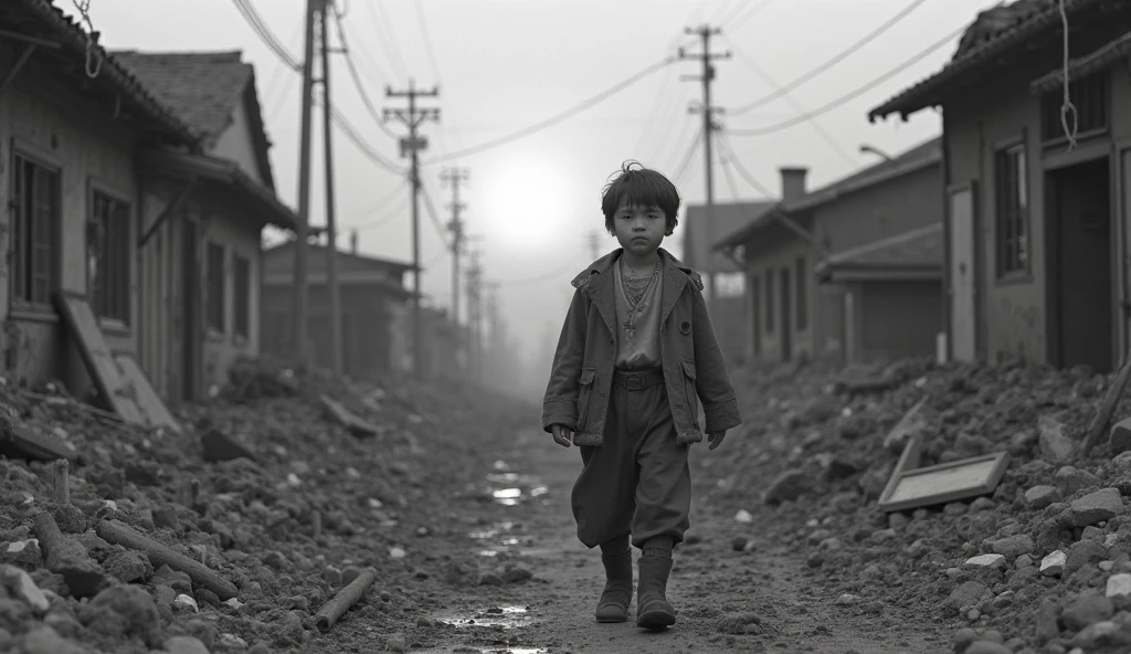 A six-year-old boy stands barefoot in the street,Shota,Ragged clothes,unkempt,wounded,mud ground,Depressive。Armageddon,karo,Ruined streets,A high resolution,best qualtiy,tmasterpiece,lifeless