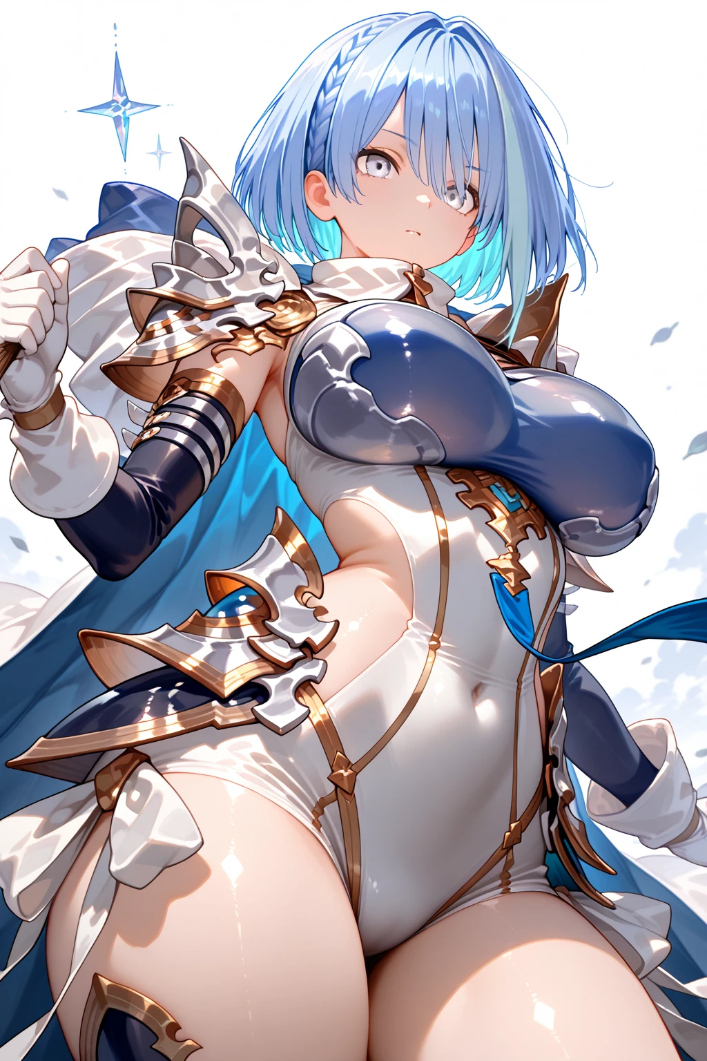 (White background:1.2),masterpiece,1girl,18yo, beautiful girl,BREAK,(blush,open mouth,Beautiful blue hair,Blue Eyes:1.5),(Cleavage,Areola,Silver armor,navel exposed:1.5),