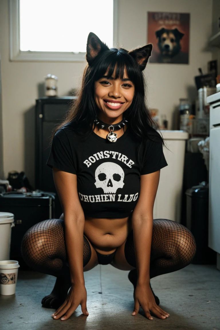 18 year old, surreal latina girl，baby face, dark tan skin, straight blond hair, orgasm, closed eyes, soaked, sweating, with freckles，clevage, hands on head, view from above, arched back, hyper realisitc, very Sexy look, provocation, in laboratory, jean shorts and red bra, night time, magic energy, sitting in chair, devil horns
