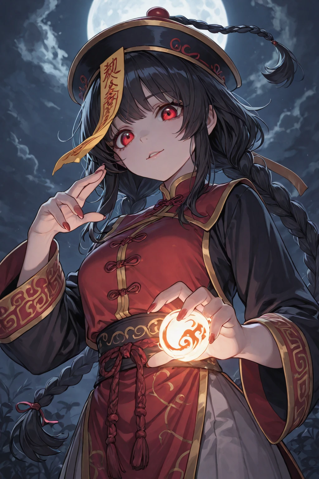 lora:flat:-1.2, masterpiece, best quality, 4k, 8k, 1 woman, solo, pale skin, tall stature, long hair, blunt bangs, side braid, black hair, ugly face, bad face, bad eyes, droopy eyes, unclear eyes, ruby red eyes, lemon yellow eyes, pale skin, black eyeliner, black eye shadow, heterochromia, slender frame, frightened, ofuda, jiangshi costume:1.2, sheath long skirt, China dress, fang, horror, coffin, forest, dark night, stormy weather, fog, from front, cowboy shot, look at viewer, paw pose,