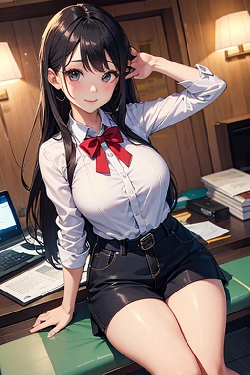 ((((highest quality)))), (((Ultra-precision CG 16K))), (((masterpiece))), (((Very detailed))), (((Extremely detailed))), (((Black outline:1.3, Written boundary depth:1.3 , Written soft outline))), Blur, Bokeh, Maximum clarity and sharpness,Multilayer Texture, Surface Shading, Cinematic lighting, Beautiful details sparkle ,Perfect Proportions, Limited to three woman, BREAK accurate, Anatomically correct, Highly detailed face and skin texture, drawn in detail, Highly detailed facial and skin texture, Detailed eyes, beautiful hair, Beautiful Japanese Idol face, Beautiful and beautiful eyes, Beautiful body, Beautiful breasts, Beautiful thighs, Beautiful legs, Beautiful fingers, (Beautiful views) , skinny body, ((Beautiful Skin)), ((Skin Texture)) BREAK breast enlarged, large Breasts, rocket breasts, slender waist, (blush, smiling:1.3,) BREAK (office lady fashion , mini-skirt with slits, no-sleeve ) , wearing glasses, wearing earrings, BREAK ((Leaning back in the chair:1.3) , Stretching-upwards:1.3, stick breast out),( a woman in the office room, serious, sit in an office chair, from side, from below, looking at ceil , bust up, cowboy shot), hibiki ganaha 