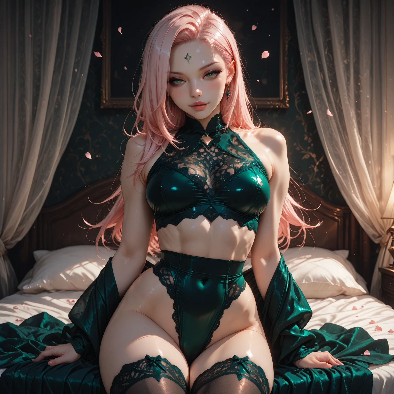 Character Details:, - Gender: 1 Girl.
- Style: Anime, - Body Type: Attractive body, slim body, nice legs, slim tights, nice arms, nice shoulders. - Breast: ((Small Breast:1,5)), Cleavage.
- Facial Feature: Beautiful, Gorgeous, Teenager, Fresh, Young.
- Expression: Shy, Smile, Horny, Pink Blush on Face, Sexy Eyes, Sexy Look, (Sweating:1.4), Innocent Look, Tipsy. - Hairstyle: Blunt Bangs, Long Hair. - Hair Color: Light black and green Hair.
- Clothing: ((Majestic Wedding Dress:1.6)), (off-shoulder:1.6), (Stocking:1.4). - Body Pose: (Kneel). - Behaviour: Waiting, Want Something, Secretly.
- Accessories: Earrings., Environmental Details:, - Setting: Bed Room., - Lighting: Natural Light., - Decoration: Modern Bed, Desk, Chair, Window, ((White Curtains:1.6)), City View. Top view. pov, anime style, UHD, retina, masterpiece, accurate, anatomically correct, textured. ((nsfw))