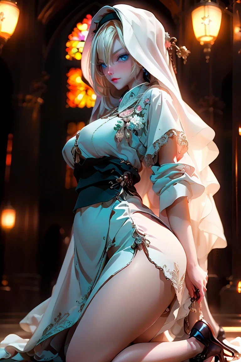 Masterpiece, absurdres, fine detail, HDR, highly detailed face and eyes, photorealistic, smiling,  garterbelt, black fabric, fabric and metal straps, leather straps, embroidery, woman wearing the garterbelt, front picture,sakimichan style, full body, wlop style, portrait, finely detailed face, beautiful woman, full lips, opaque veil, medieval veil, railing, shining golden eyes, iridescent eyes, transparent clothing, beautiful anime style, room with glass window overlooking medieval city at night, clean and detailed face, bright shadows, beautiful gradients, depth of field, clean graphics, high quality, high detail, high definition, luminous studio graphics engine, room with lamp, lantern, full moon, full moon, mujer desnuda, nalgas grandes, dama desnuda, provocative pose, sexy pose,, 4k, masterpiece, highres, absurdres, natural volumetric lighting and best shadows, deep depth of field, sharp focus,magic, surreal, fantasy, digital art, , wlop, artgerm,perfect female body close-up, full body, visible vaginal hair, pink pesones, transparent clothes