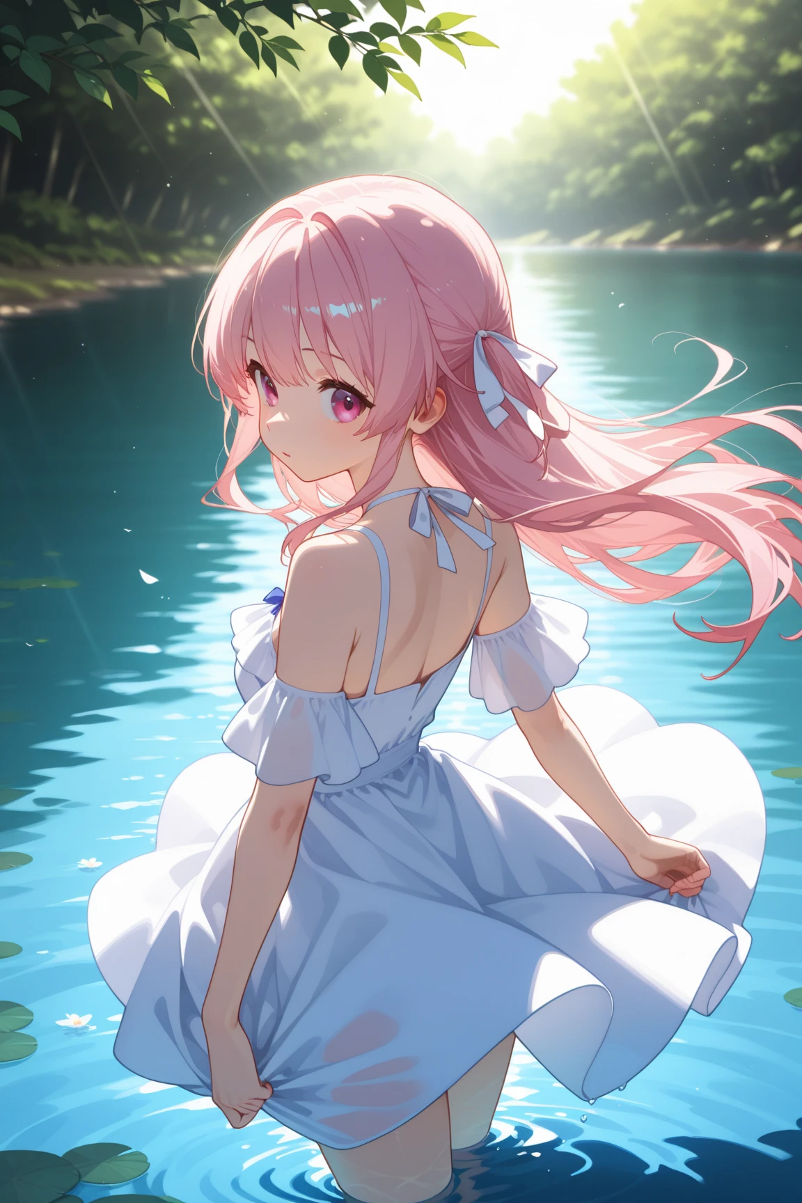 (Highest quality, masterpiece, Very detailedな, Very detailed, Exquisite, 16K,Full HD),Lilia, A girl with long pink hair, Blue eyes, a white dress with black lace, a big pink ribbon on her chest, a white flower hair ornament around her right ear.A little closer,Golden Ratio,Dramatic lighting,pastel colour,Soft lighting,Laughter,Mysterious沼地で, Walking in the water, twilight, A crowded and eerie composition, Low angle shot, Dim and misty light, Character Movement, Wet, Mysterious (Fantasy, Romantic atmosphere),
