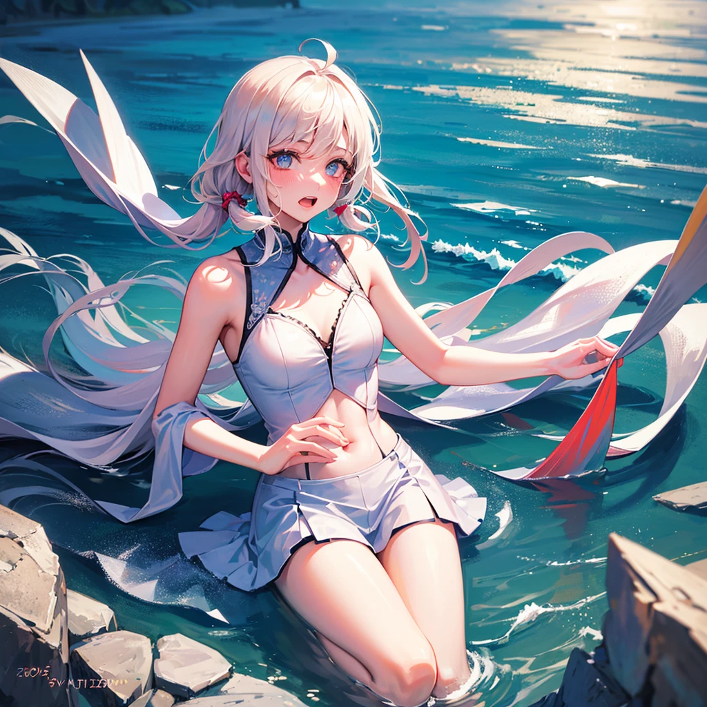 High resolution, masterpiece, accurate, Highest quality, Winner of numerous awards, High-resolution model,
Silver Hair, Wet Hair, Super long hair, Top bun ponytail,
slender、
Seaside,
Butterfly Hair Ornament, Crystal Earrings,
Swimwear, Simple bikini,
Character portrait, whole body