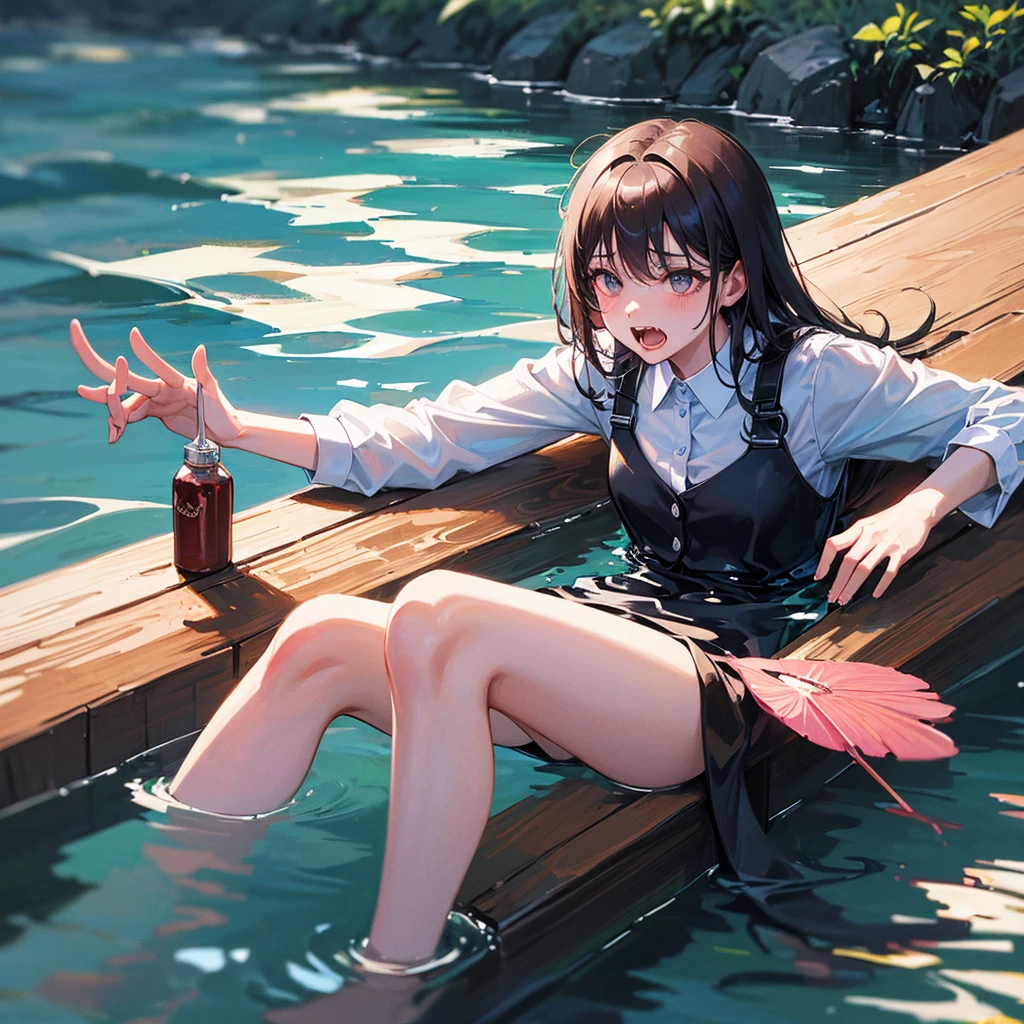 ((Biologically correct limb count))、(( whole body including face))、4K、Masterpiece、((Focus on the face))、((Symmetrical, well-proportioned facial features))、Eyes with delicate depictions、Beautiful woman、Outstanding style、Slender Body、(High heels with anklets、Shiny Stockings)、(((Lantern sink、A lot of candles)))、(No sleeve、Checkered block pleated skirt)、A bow tie、(((White frame photo)))、Look down、Glancing sideways、smile、(((River at night)))、