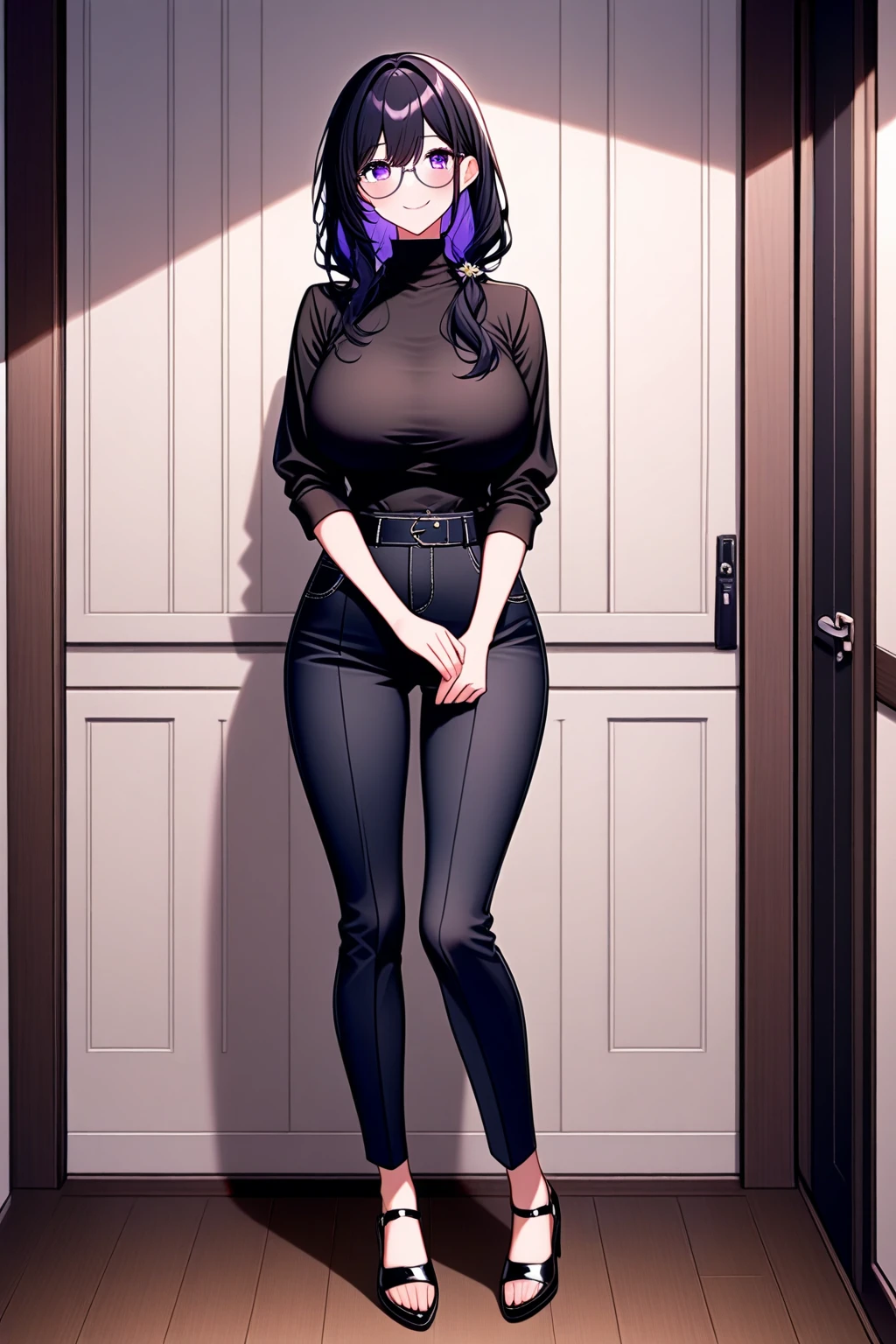 (Uhd, Masterpiece, Textured Skin, Super Detail, High Details, High Quality, Best Quality), 1woman, mature pretty woman, ((Thicc body, wide hips, thick thighs)), red eyes, blue straight hair, tall, (Casual Black top), (black Jeans), ((Mall)), (trying to hold you hand)
