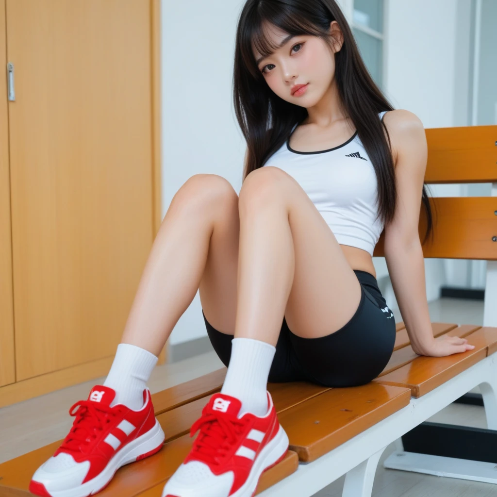 (Gym: 1.3), (Full body: 1.0) Long hair , (Realism: 1.4), (Best quality: 1.0), (Super resolution: 1.0), 8k, RAW photo, (Masterpiece: 0.2), Ultra detailed, 1 girl, pale skin, detailed skin, looking at the viewer, from the side, giggling