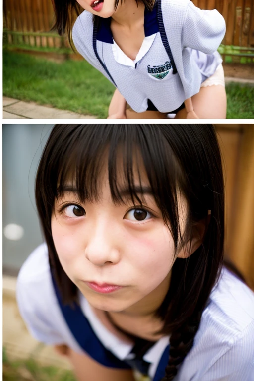 (２Split Photo:1.3)、Magazine Cover:1.3、Japanese,10 years old,Innocent face,Teenage Girl,cute,Primary school students,Private elementary school,uniform,Carrying a small red backpack,Summer clothes,Sitting、front、Cute smile、Laugh with your mouth wide open、((Semen dripping from the mouth:1.2))、Mouth full of semen:1.5、A lot of semen on the tongue、((Cloudy, thick semen))、whole body、Full Body、Semen dripping from the genitals、You can see the nipples、Not wearing a bra