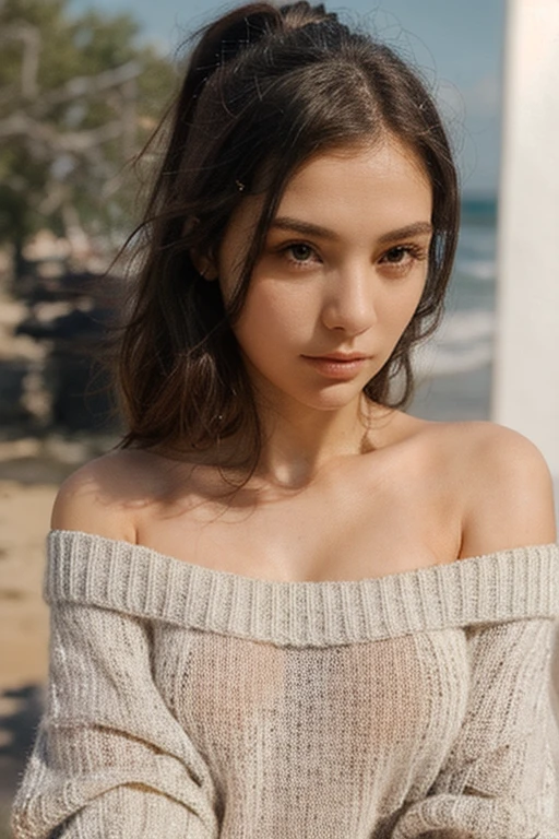 a cute 15 year old European girl, small breasts, wearing an open shirt, (((the open shirt is almost exposing her small breasts))), upper body image, perfect detailed face, naughty smile, at the beach, beautiful detailed eyes, beautiful detailed lips, extremely detailed eyes and face, long eyelashes, beautiful skin, natural lighting, photorealistic, highly detailed, 8k, best quality, masterpiece