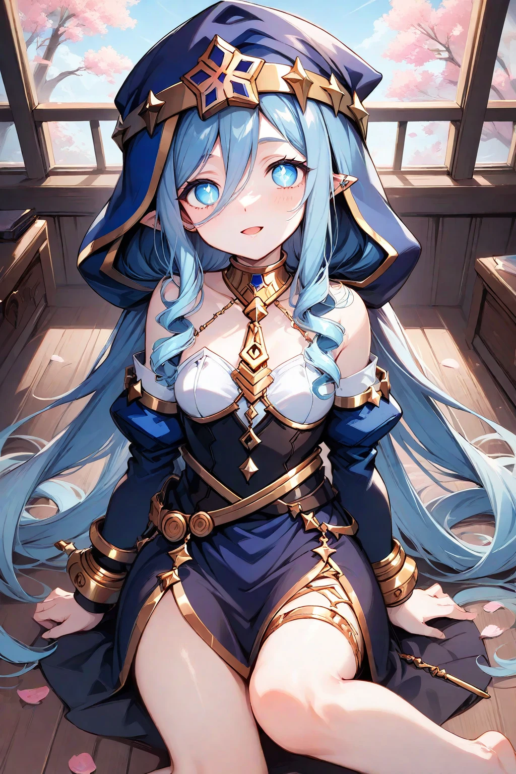 masterpiece, Best quality, anime style, Aqua from the anime Konosuba, naked, blue hair, sitting on a chair, fantasy medieval, choker, bandages on the body, solo,