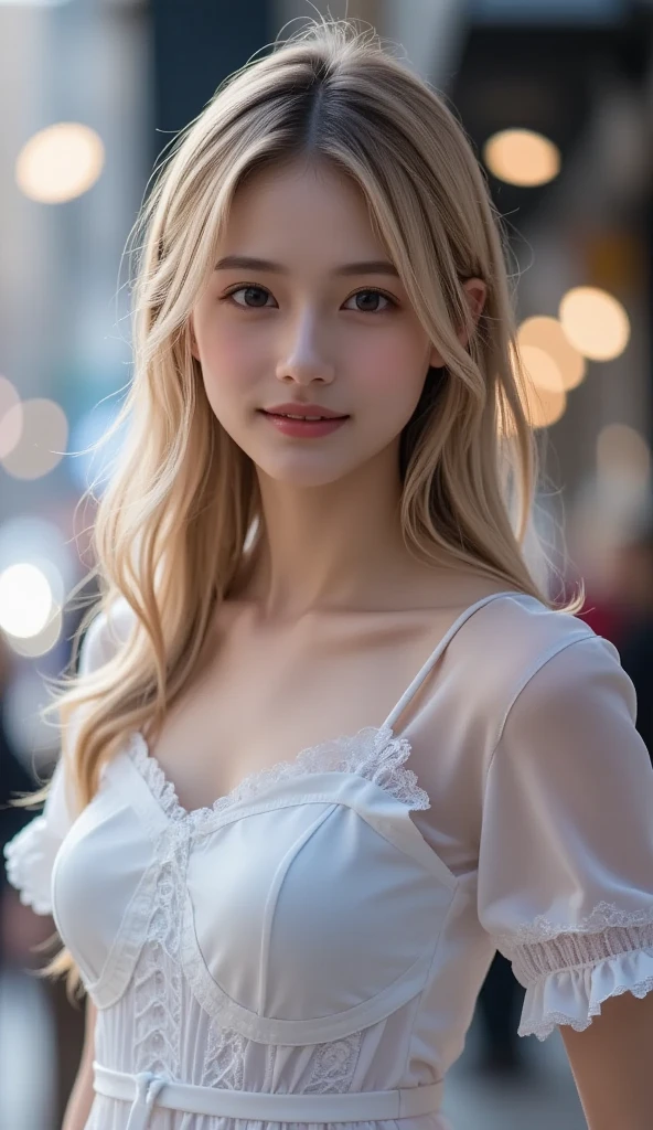 best quality, white skin, real human skin, (detailed fac), oval face, pores, ultra high res, (8k, RAW photo, photorealistic:1.4), 1girl, slim, (looking at viewer with a serene and goddess-like happiness:1.2), ( lipgloss, eyelashes, gloss-face, best quality, ultra highres, Broad lighting, natural shading), oversized jacket, fashion shirt,  cityscape,