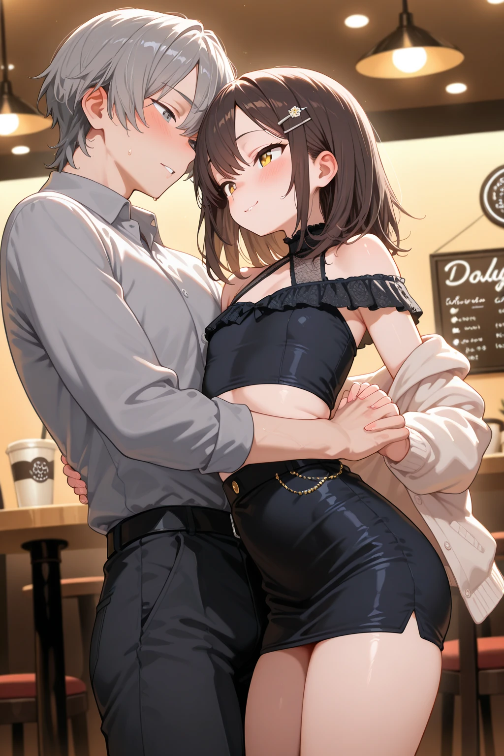 Short girl and muscular naked black guy, Oversized plain t-shirt、No underwear、slender、Slender、Thin limbs、Small face, Black Hair、pixie short hair、
, , (Wicked Smile:1.2), Off the shoulder, Short sleeve, Sunburn, Saucy, blush,steam,sweat,Vulgarity、
(A naked macho middle-aged man from behind、Hug a girl:1.3),
An absurd solution, Very detailed, Highest quality, Cute illustrationasterpiece、1. Little Girl:1.3、1 guy,
