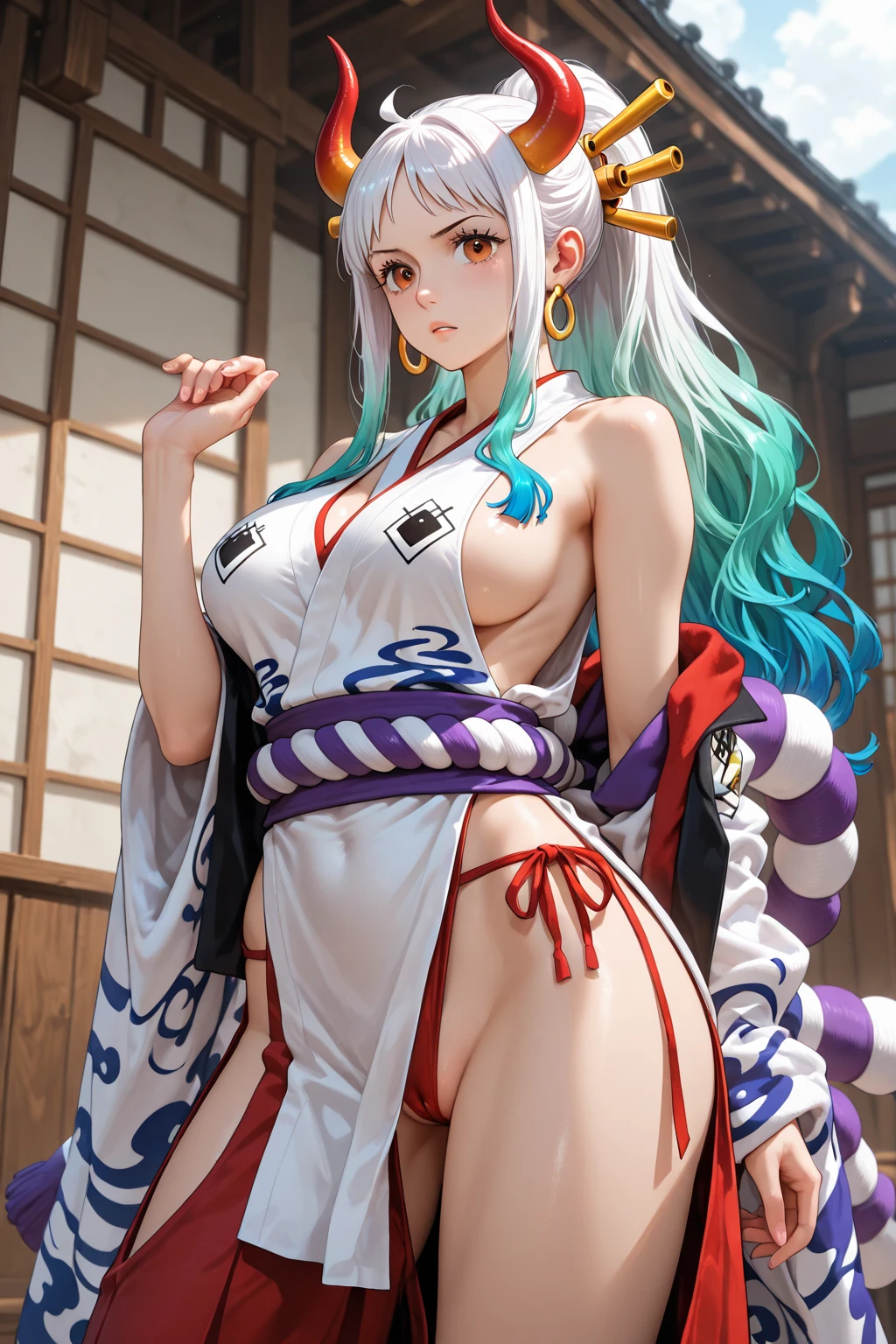 (masterpiece, top quality, best quality, official art, beautiful and aesthetic:1.2), (1girl), (cowboy shot:1.5), colorful,highest detailed, DakiV4, DakiEyesV4, solo, long hair, hair ornament, thighhighs, white hair, multicolored hair, gradient hair, green hair, underwear, panties, green eyes, large breasts, smiling, fingernails, (japanese architecture:1.3),