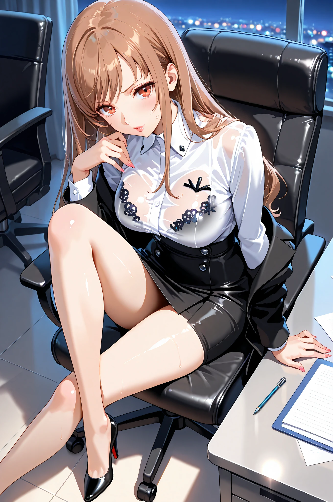 ((Correct Anatomy)),((Sit in an office chair)),((Cross your legs)),((((Black Stockings)))),((Beautiful feet)),((A shy smile)),((Lacy white panties)),((Office Costume)),((White blouse)),((Office Uniforms)),((Pleated mini skirt)),Ultra-high resolution,Mature Woman, Mature Woman, Very detailed,Extremely fine skin,Beautiful Skin,(Big Breasts),((Beautiful legs)),Perfect hands, Detailed fingers, Beautiful details, ((Long Hair)),((ponytail)),Black choker, Earrings,High heels,High rise office building,Perfect Eyes, Captivating eyes