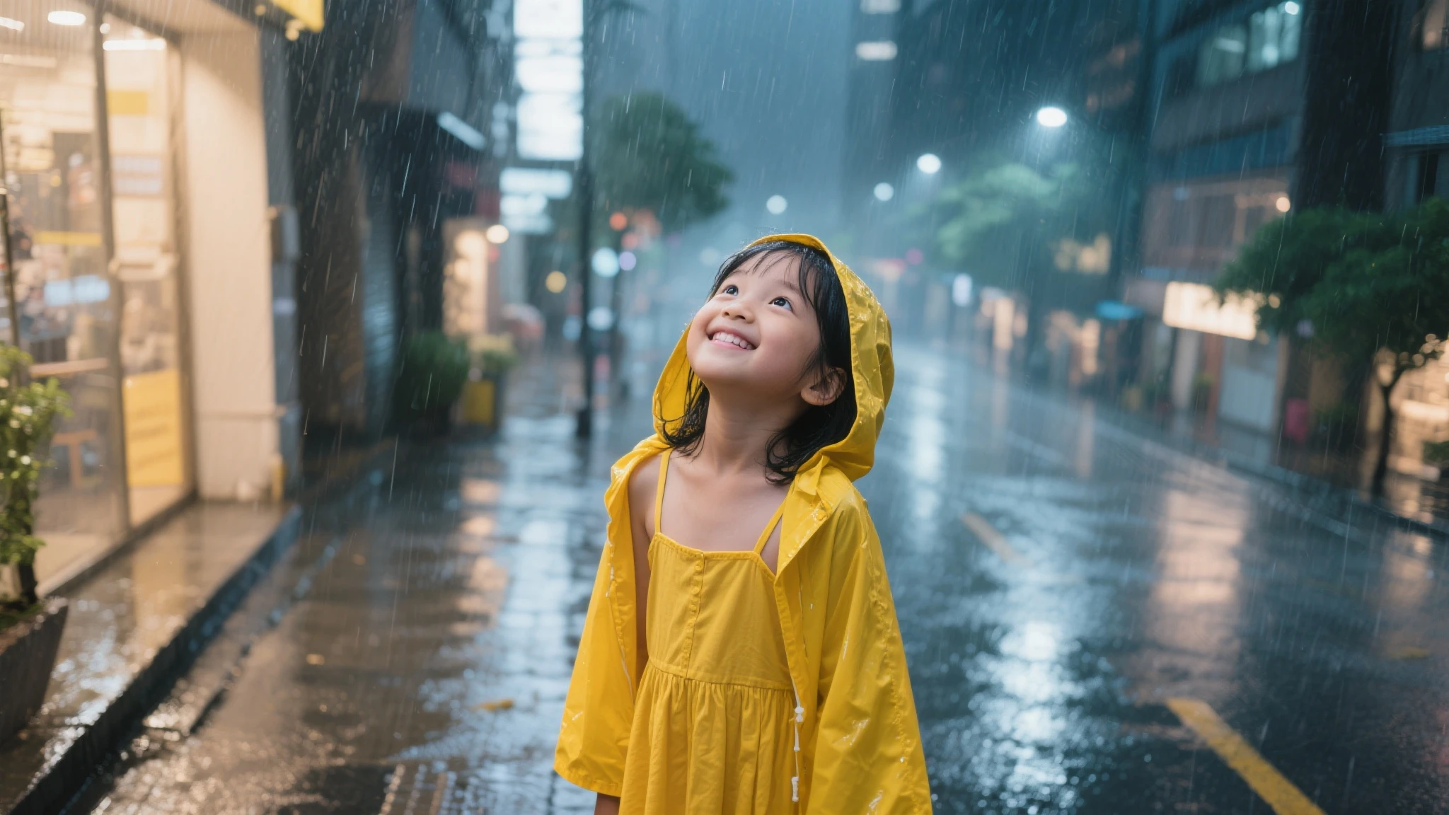 There are many small children playing ball in the heavy rain.,her face is very happy,they run after the ball