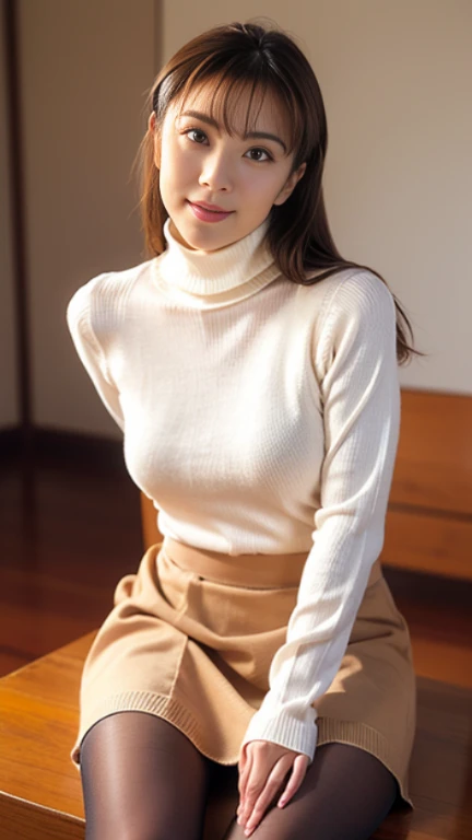 highest quality, masterpiece, ultra high resolution, (realistic:1.4), (close portrait) Raw photo, 1 girl, 22 years old, (((Black turtleneck back open knit dress white))), masterpiece, realistic pictures, japanese pictures, fuji negative film, saturation, contrast, Pocari Sweat Advertisement ((small breasts)),((smiling showing teeth)),long hair top ponytail,brown hair,