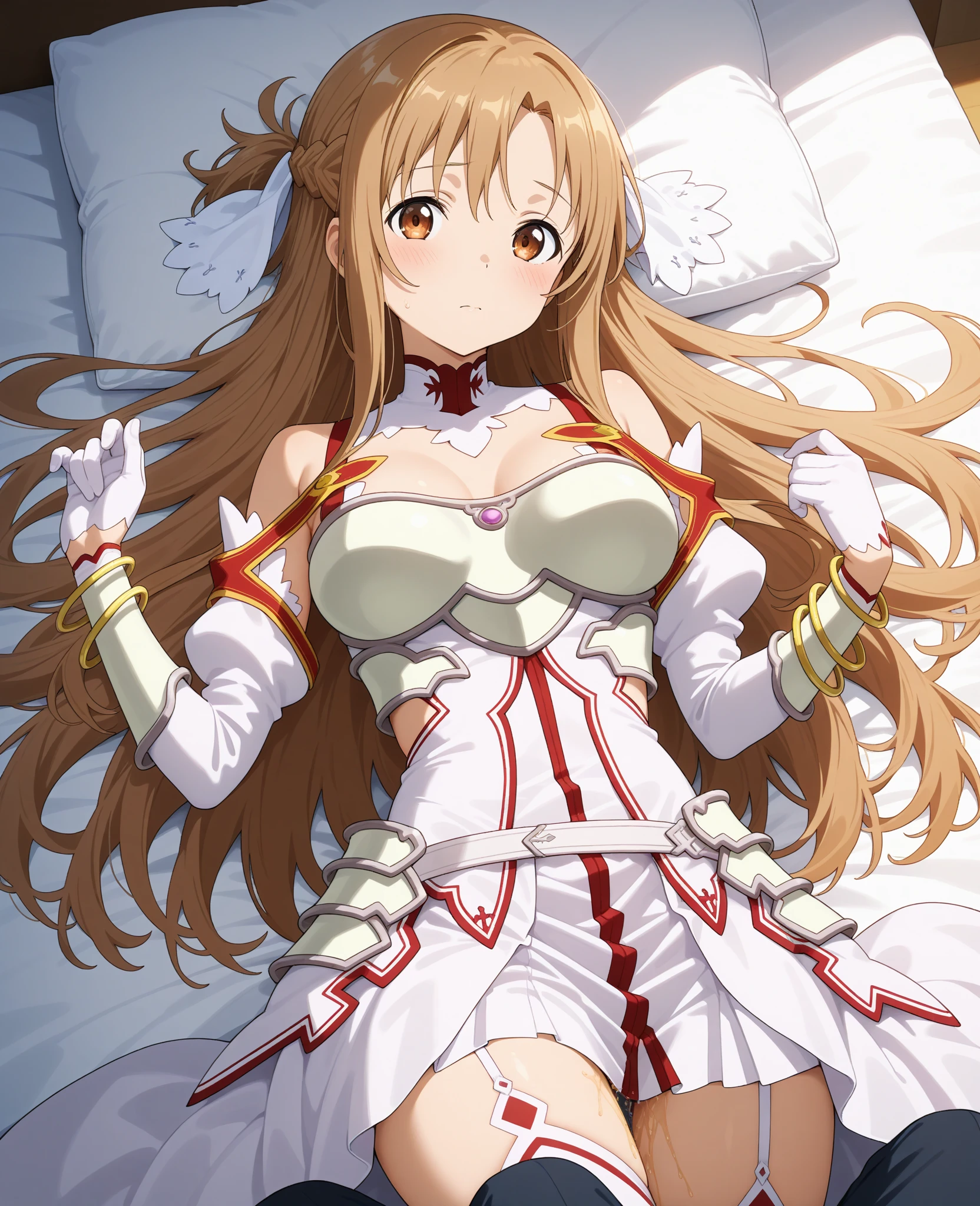 mature woman, Extremely thin skin, work of art, best qualityer, extreme detailed face, The best CG, medium breasts, bared shoulders, eyes browns, Long straight brown hair, 弓, white sleeves, white stockings, red skirt, waist belt, Fine body, See me, Sword Art Online, asuna, Delicate room, lying on a bed, legs spread open, pretty legs, transparent panties, lingerie white, thighs showing, sexly, seducing, legs spread open ((legs spread open)) (legs spread open)