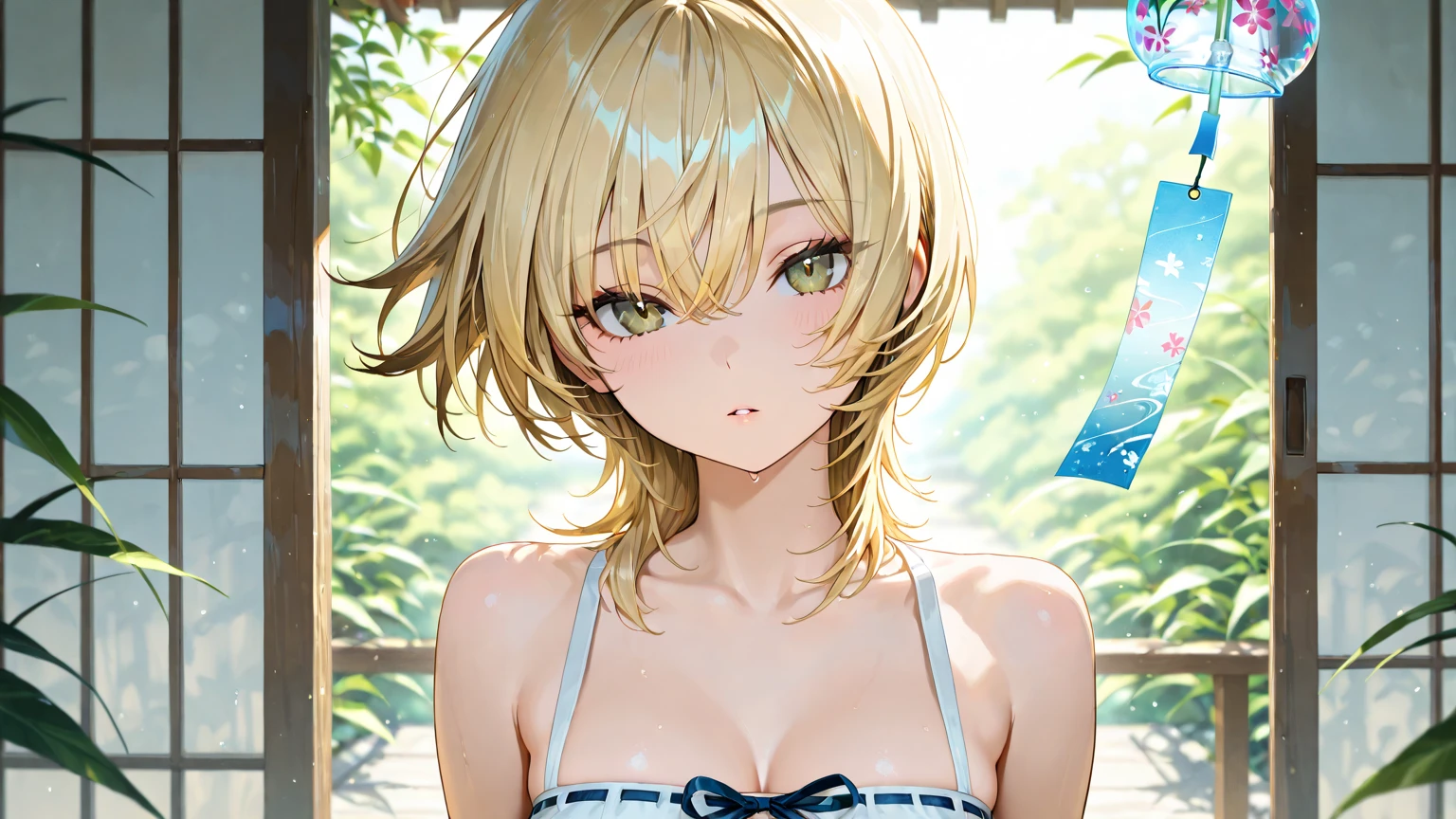 (Low Saturation:1.5),anime,1girl,pov,masterpiece,Awards, high quality,High resolution,HD,4K,8K,high quality,portrait,simple background,closeup upperbody,white clothes,Independently deformed breasts,shruged,viscous paint,(swiping breasts:1.3),oily skin,Slimy Cleavage,(Cleavage Bulge,deformed to flat breasts:1.4),(Medium breasts:1.2),Compressed chest,camisole,Crop tops,(Enhance breasts pose:1.3),sriped strap,perspective,perfect skin,smile,pale color tone,(grayscale:0.5),Putting my hand on my sai high socks,Socks that are about to come off,small breasts