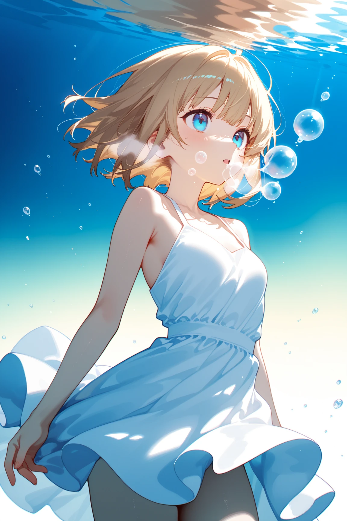 A cute girl in a swimsuit(original bikini swimsuit)(Small body) (Little Girl:1.5), (blonde:1.5)(eyelash:1.2)(eye shadow:1.3) (Blue eyes:1.5), (Beautiful fine details:1.4) (Short Bob Hair:1.4), (Blue eyes)(Big Breasts:1.3) (White skin:1.2)Height: 130cm, original character, Fantasy, View Viewer Art: (A girl with beautiful deep eyes. The depth of field in the photo is perfect、Lens flares create a nice atmosphere. The details of her face really stand out, This photo definitely gets a 10 or more.. background, There is a beautiful sea with crystal clear water and water droplets floating on the surface. Laughing happily