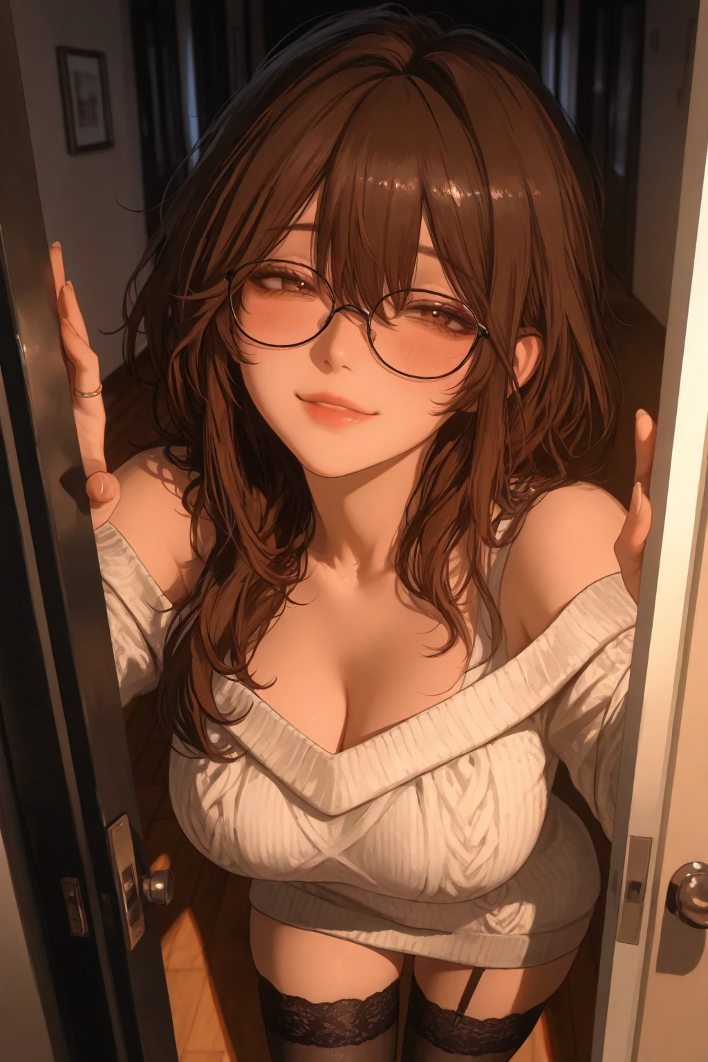 masterpiece、top-quality、hight resolution、1girl in、20yr old、wears glasses、virgin、brown colored long hair、Bangs、Kitsui's personality、A slender、tiny chest、Subtle breasts、Nipples are standing、Red eyes、Udder visible、toppless、Lively、Exactly、Very long hair、brown haired、Torn swimsuit、in a house、a bed、M-shaped legs、Happiness、full body Esbian、full of sweat