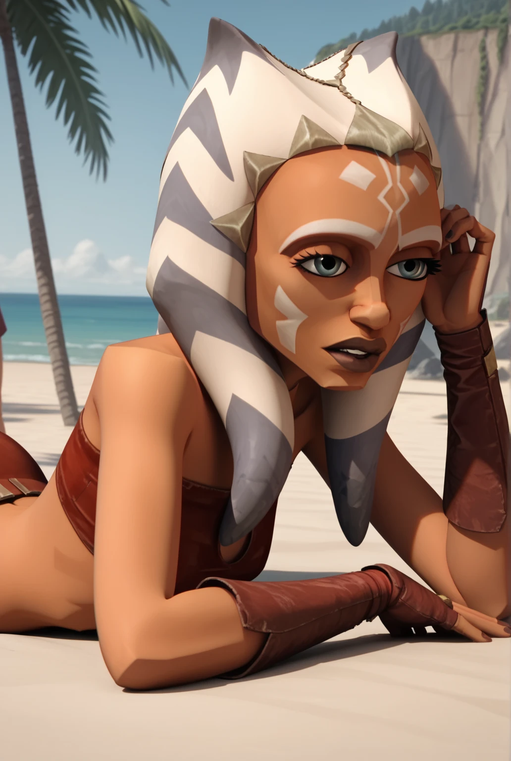 (masterpiece, best quality), 1girl, beautiful face, ahsoka_tano, naked on the bench