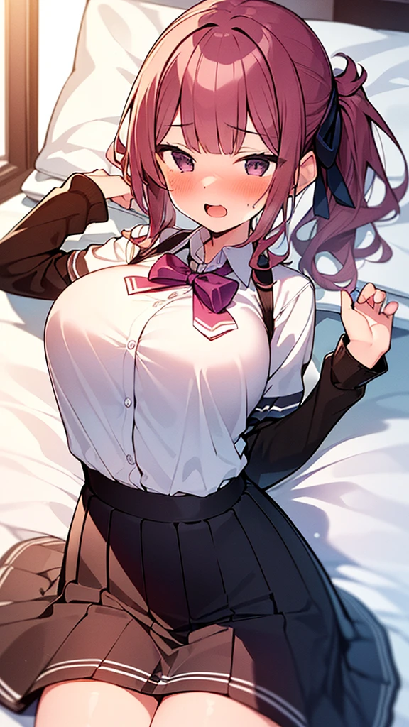 Very detailed、(8k, RAW Photos, highest quality, masterpiece:1.2), (Very detailed 8k wallpaper),shape、Professional Lighting,Sharp focus, Written boundary depth、
Browsing Caution、Clear Eyes、Perfect Anatomy、With a girl、12 years old、Black Hair、Big Breasts、(blush:1.5)、Open Mouth、(No sleeve:1.5)、(Tartan check micro mini skirt:1.2)、、Black knee-high socks、、bed、