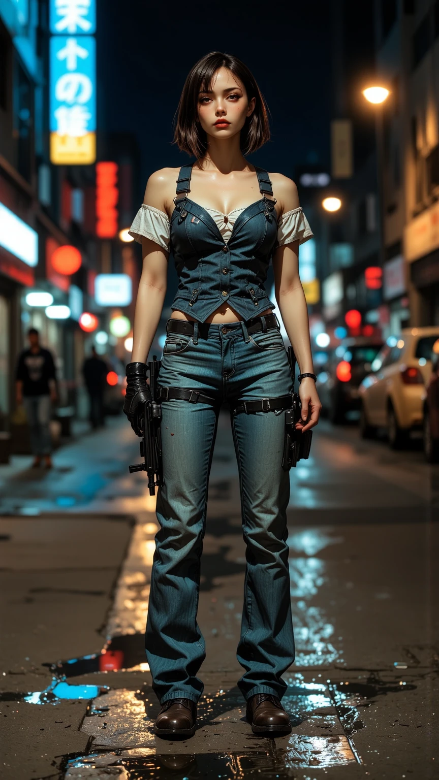 Photorealistic, high resolution, Soft light,1womanl, Solo, Hips up, (Detailed face),tattoo, jewelry, Night City, Police uniform, White hair