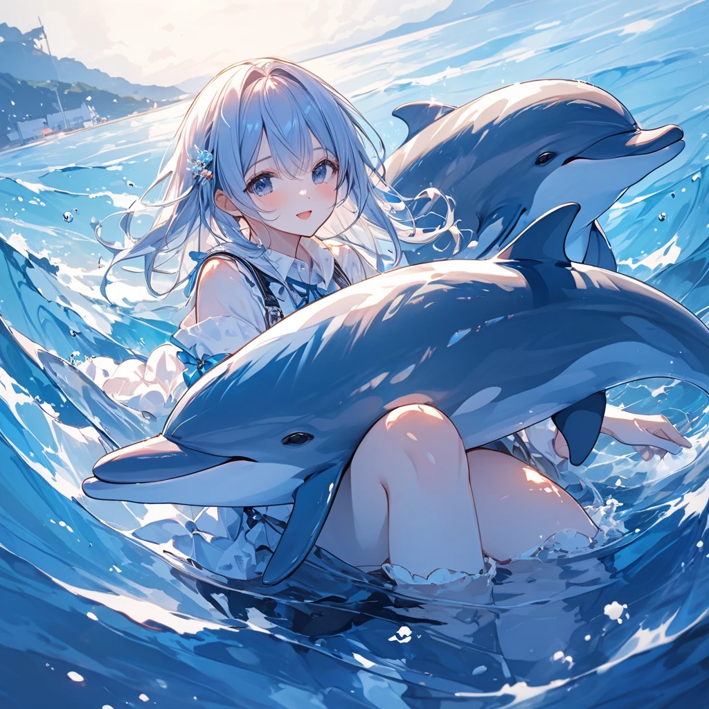 Dolphins swimming in the colorful ocean、Light blue long hair riding a dolphin、beautiful girl with twin tails、Inspired by Cyril Rolland, Beautiful artwork illustration, Colorful concept art, Cyril Rolland style, Very detailedな水彩画 8k, Very detailedな水彩画 8 K,Octane,end,Realistic,Clear lines, High Sharpness,Highest quality, Very detailed, Master Parts, Cinematic Lighting Effects, 4K