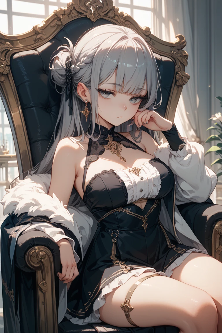 NSFW,masterpiece,Highest quality,High resolution,Super detailed,Shishirabotan\(Hololive\),Long Hair、Two Side Up、Earrings、Lion&#39;s Tail,necklace、Black Shirt、Sleeveless shirt、abdomen、See-through、Grey Skirt、片足pantyhose、pantyhose、fur-trimmed jacket、Black jacket、Off the shoulder,Black sexy panties,Embarrassed,blush,Luxurious Room,pub,Private room,sofa,(Drunk),(Intoxication),heart,Sexy pose,Panty shot,(Middle-aged men),(A man puts his hands on her waist and hugs her),to kiss