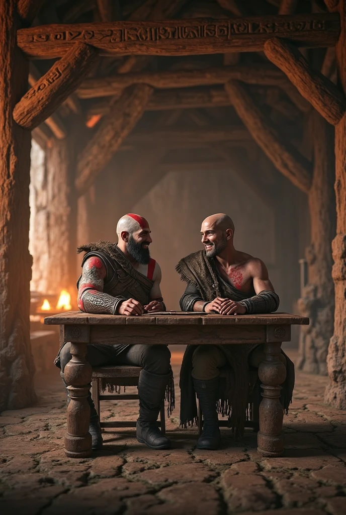 (((2heads))), 1man,(big bulge:1.5), African American, dressed as a viking in furs, sleeping, buzz cut,47 years old,dad bod,, thick beard,, body hair, background is the  inside of a medieval dungeon with only a small window, dinky lit with candlelight, wet, drenched, massive big bulge in crotch, dripping gooey white slime on skin,oiled skin, wet skin, blonde,  dark hair with highlights, serious,  full body, realistic, detailed,oiled skin, glistening skin,