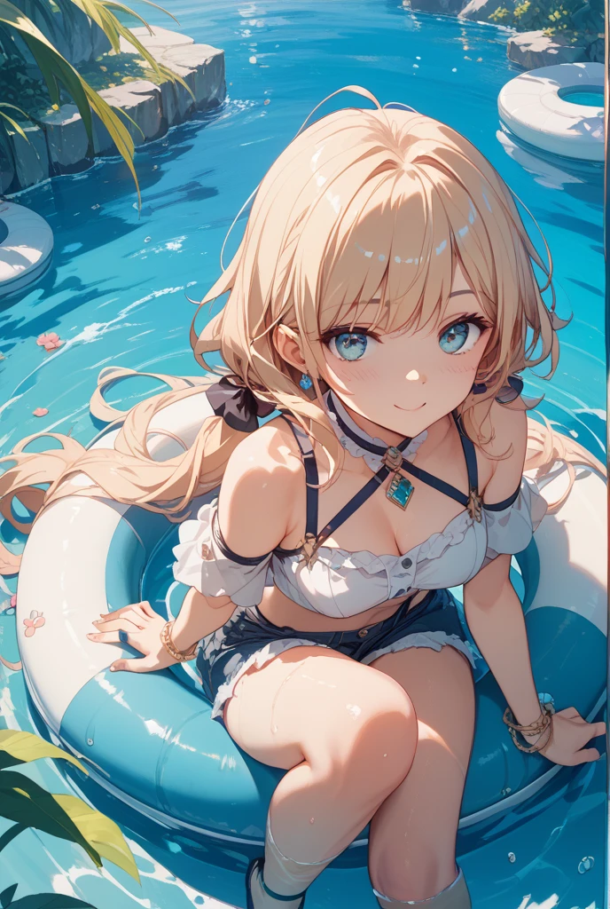 ((Highest quality)), ((masterpiece)), (detailed), 1 blonde elf witch, sexy,In the sea,Seductive pose, dynamic poze,  Tie-dye bikini,Many flowers on the water surface,shoot from above,innertube,Show Panties