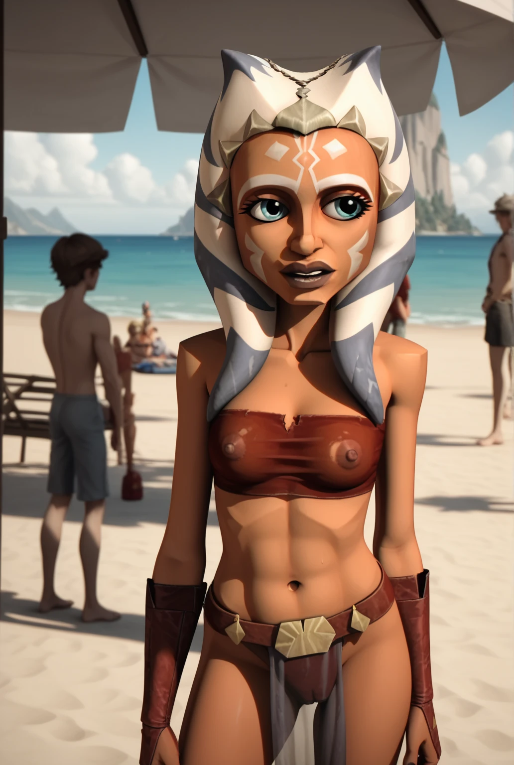 tropical beach: Jenna Coleman, Emma Rigby, Emilie de Ravin, Disney princess, cleavage: long wavy hair: (topless) butterflies: flamingo: Moon: bras: laundry: