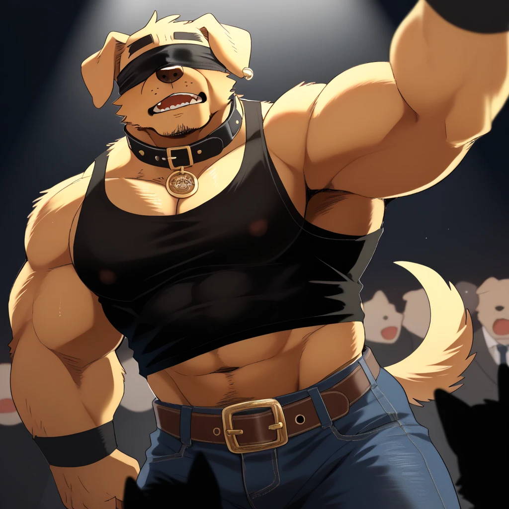 whole body,dog man，Two-dimensional style，Some muscles，young，City，night，In nightclubs，personification（labrador retriever）animal，Has blue eyes，Golden fur，Wearing only a black pair and a blue tie，sex worker，Lively and luxurious，Pole dancing，no hair