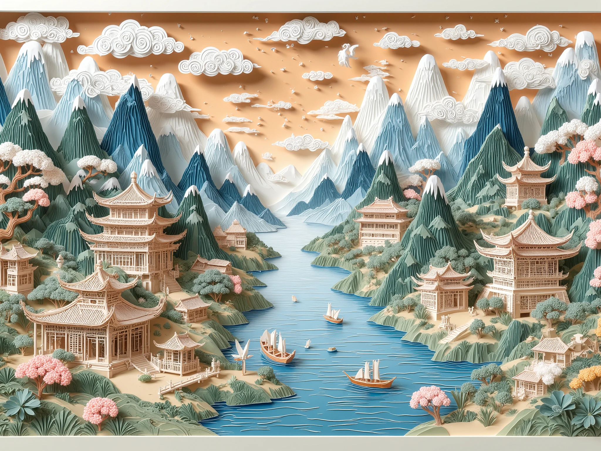 mdjrny-pprct,Chinese architecture, gardens, mountains and rivers, clouds, (high detailed:1.2)