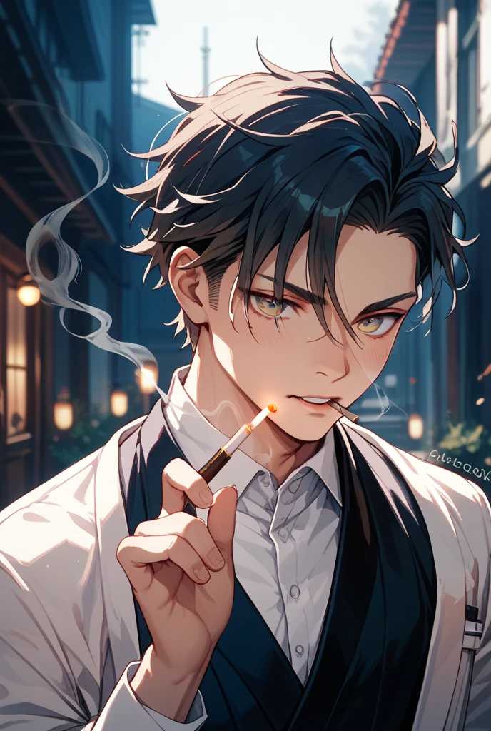 Young man with grayish black hair
, black eyes, a White suit stood with his back turned half-face smoking a cigarette in his room at night.