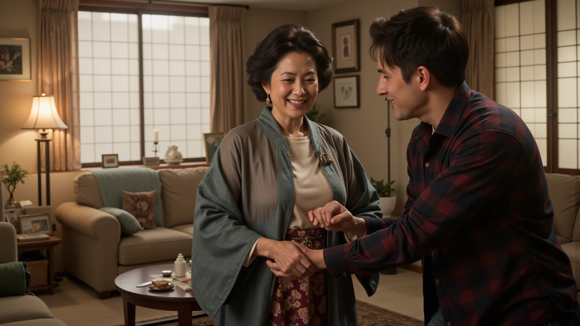 a man in a kimono laughing and holding the woman from behind, he is on top of her, on the bed in a kimono, playfully grabbing her back, the kimono is half torn, they are on top of a lot of money, gold scattered, with a lot of money scattered