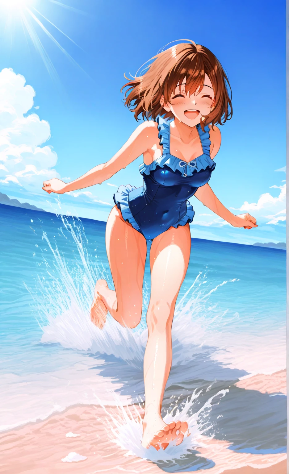 female、Shore beach、sunny、swimsuit one piece、seductive pose、Frolic with the waves、enchanting smile、
