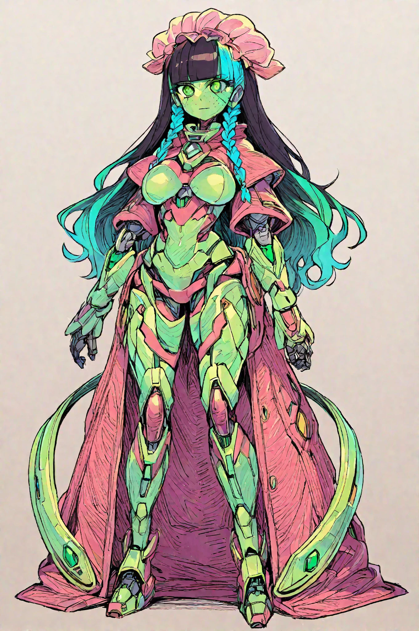 Nano Swamp, brown, femele, Small body, Full body shot, No background, White background, Green skin color, Black eyes, Yellow eyeballs, Four eyes, purple hair