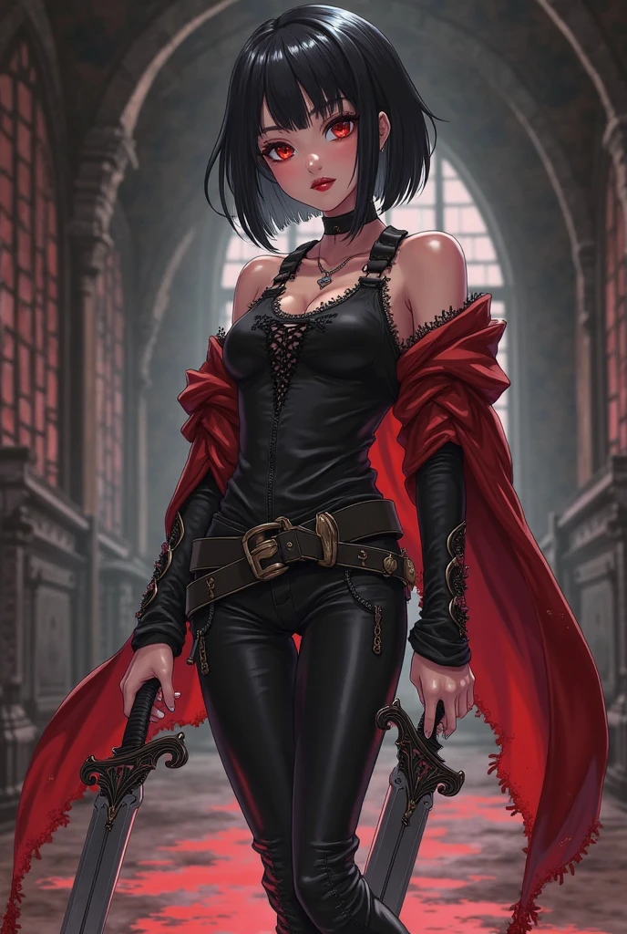 A closeup of a woman, concept art, character content art,1girl, highres, sharp focus, pixiv masterpiece, ((intricate details)), highly detailed,exquisite fanart highly detailed, commission for high resolution, one eye, detailed eyes,blue eyes, pale skin, fair skin, short black hair, dark hair with female cyberpunk style cut, muscular!,abdomen, pointy ear, vampire, costume: mercenary outfit, cape, Underworld style clothing, neckline, revealing neckline, joy ride style, ilya kuvshinov,Anime Moe Artstyle, Female anime character, Anime character,