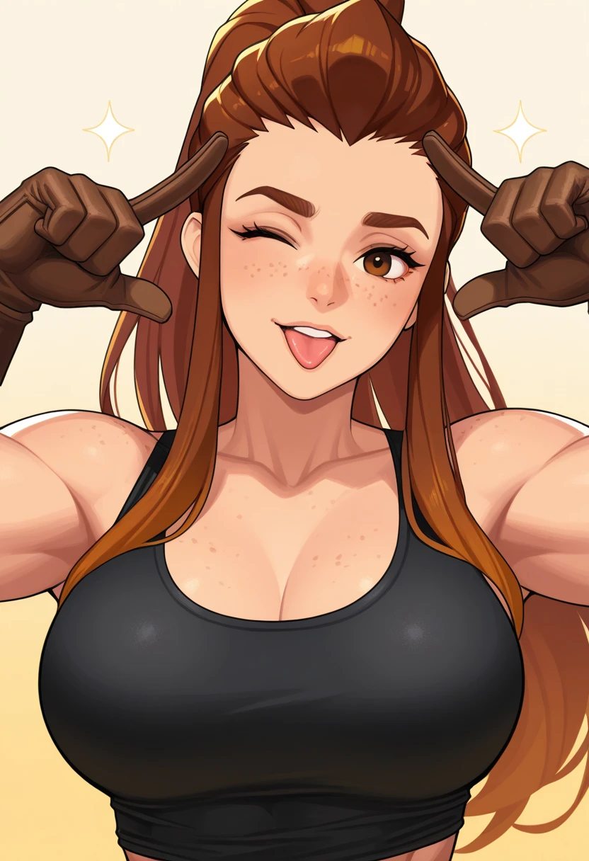 brigitte, brown hair, brown eyes, sidelocks, sweat, long hair,
left shoulder tattoo, toned, navel,
work shop, indoors, tools,
black crop top overhang, covered nipples, leaning forward,
upper body, standing, smile,
looking at viewer,
(insanely detailed, beautiful detailed face, beautiful detailed eyes, masterpiece, best quality), solo,
<lora:brigitteOW2:0.8>