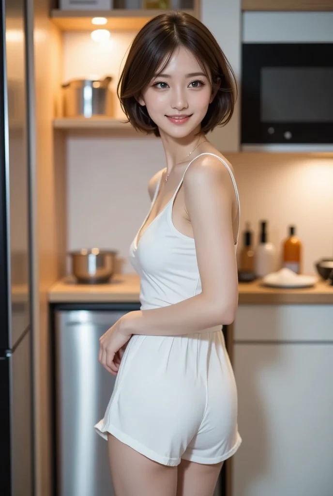 small head,  (perfect bodies: 1.1), (shoulder length straight bob hair:1), （极其细致的CG 8k壁纸），（Extremely refined and beautiful），（masterpiece），（best qualtiy：1.0），（超高分辨率：1.0），(upper body:1.3)，[A high resolution]，cheerfulness，Smile,(Smooth and flawless fair skin:1.5),ultra - detailed,Elongated legs,(Small breasts:1.1),Flat chest,Slim，emaciated,(Maxi white apron:1.4),(round hips:1.3),(sharply hips:1.5),In kitchen,blue green background,standing,(from back:1.3),(Close shot:1.3),nightfall，warm light,Several dishes on table,standing,(cowboy shot:1.3),(Portrait photo:1.3)